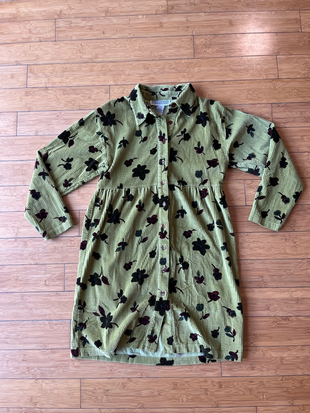 Jessica Howard Vintage Olive Green Floral Corduroy Button-Front Dress